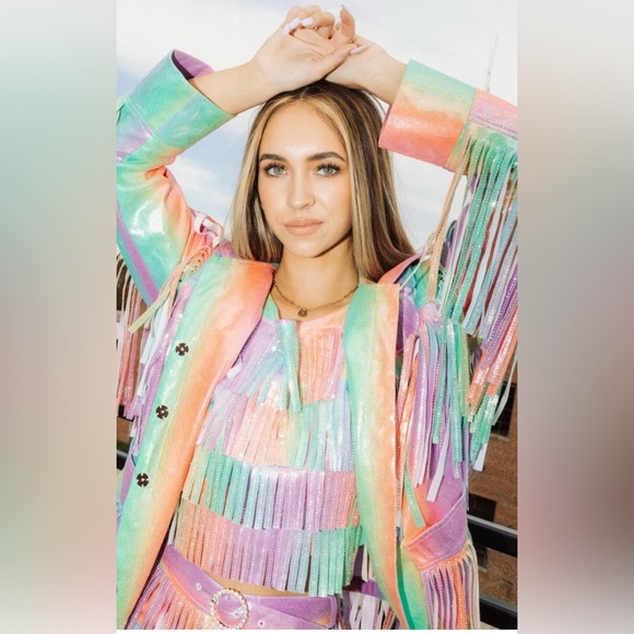 New! QUEEN OF SPARKLES Rainbow Fringe Leather Jacket - Picture 2 of 10